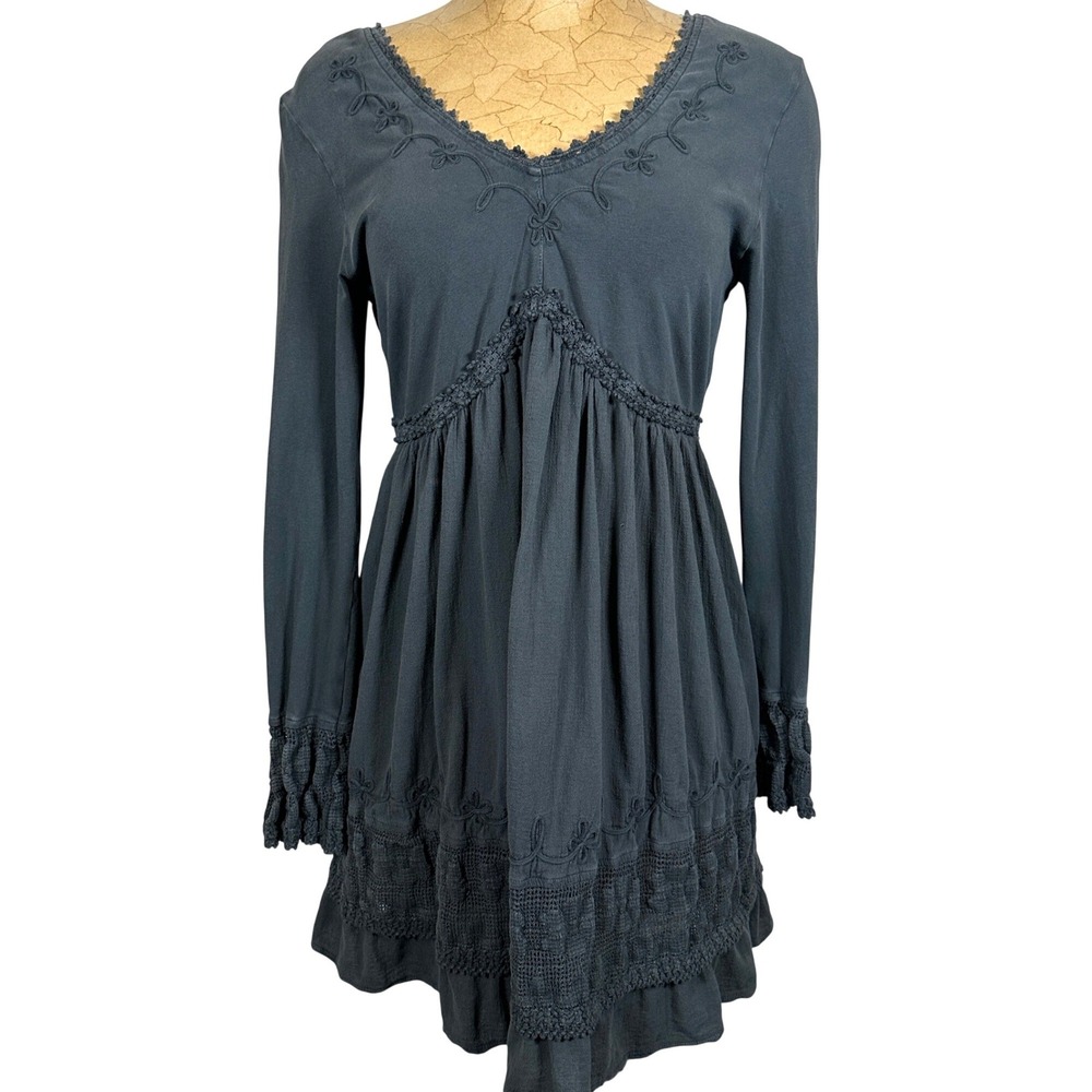 Gretty‎ Zueger Gray Cotton Embroidered Crochet Lace Babydoll Tunic Dress Fairy